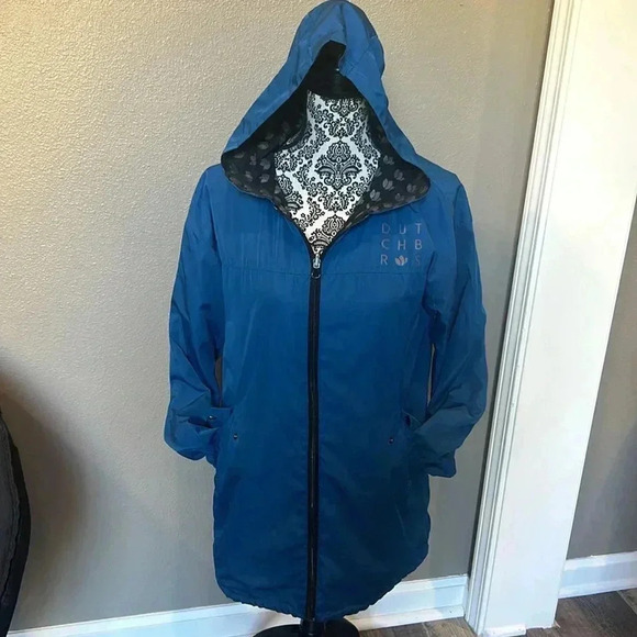✌️Dutch Bros reversible Rain Jacket Small Celestial Blue Zip up Waterproof Lined - Picture 3 of 14